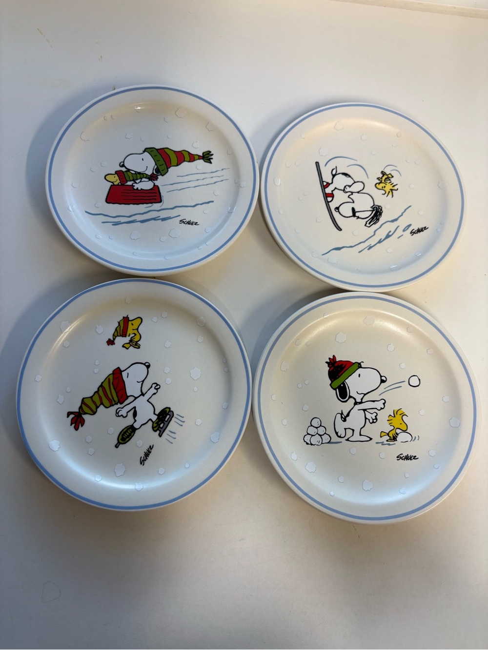 Peanuts Snoopy Winter Side Plates - White with Blue Trim (Set of 4) 6.5”
